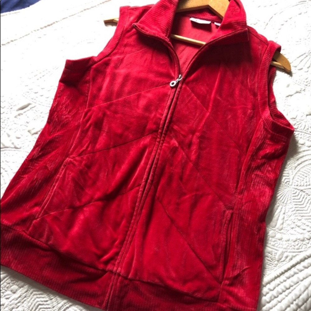 D&CO Velour Zip Up Vest Red Pockets Collar Y2K Style Size Medium